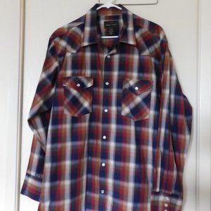 Man's western LS shirt plaid navy,burgundy,cream, tan size L
